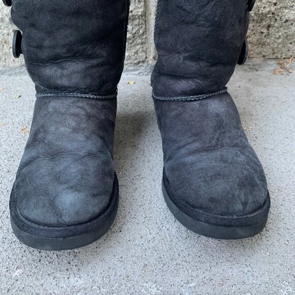 UGG AUSTRALIA Bailey Button Boots Womens 7 38 Black Suede High Boot Shearling - Picture 5 of 13